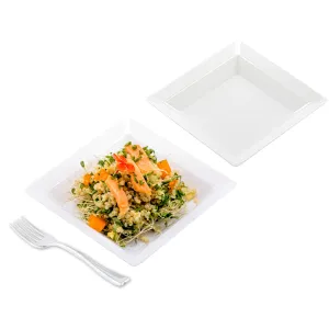 100 Square White 4.25" Plastic Plates and 100 Silver Plastic 4" Mini Forks