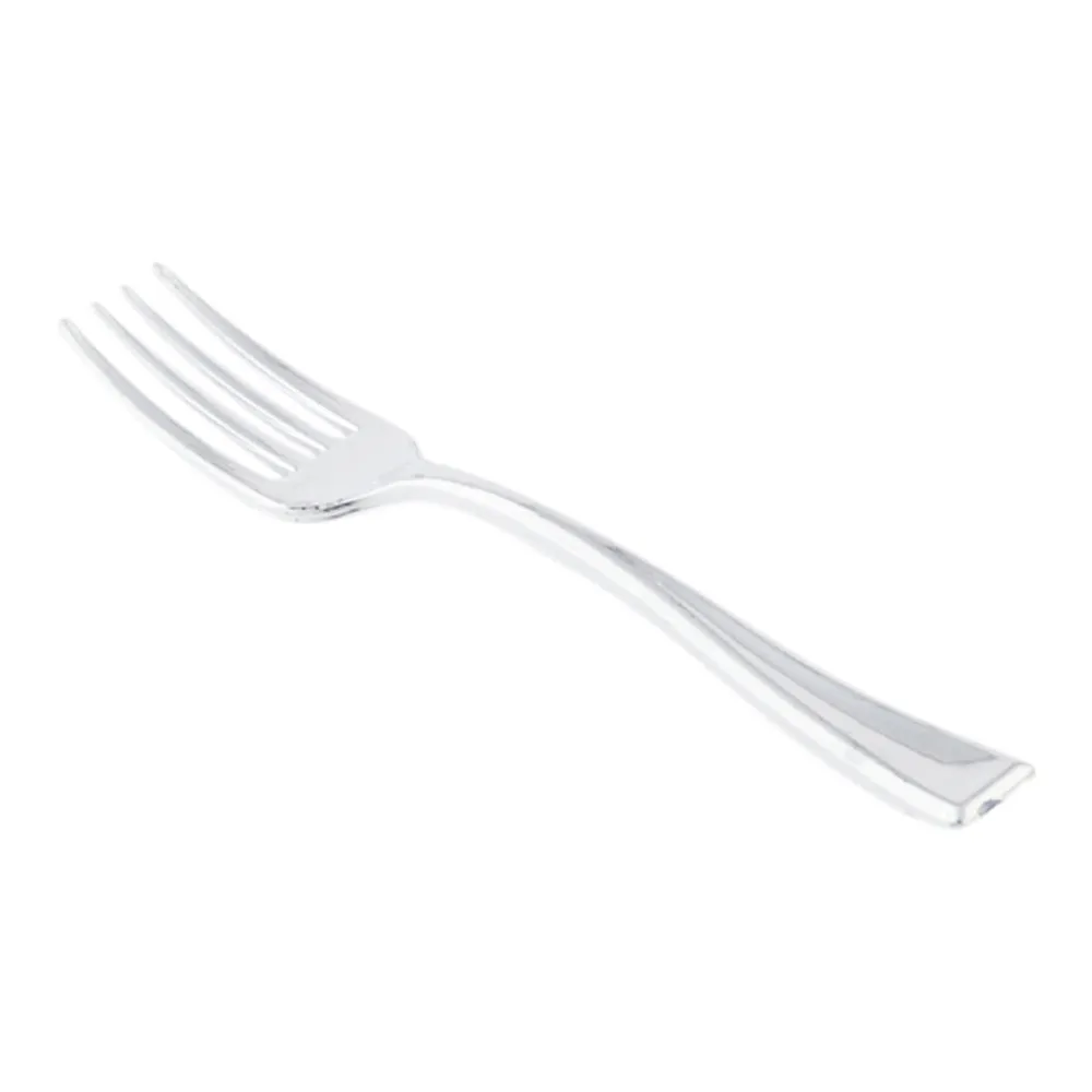 100 Square White 4.25" Plastic Plates and 100 Silver Plastic 4" Mini Forks