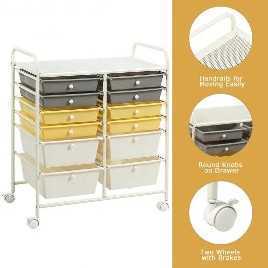 12 Drawers Rolling Cart Storage Scrapbook Paper Organizer Bins-Yellow