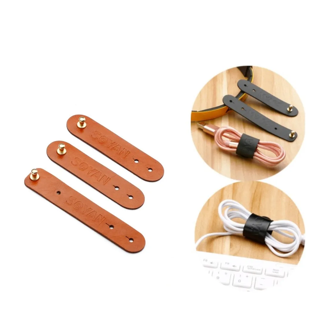 (3-piece set) Leather cable organizer cable ties - Brown