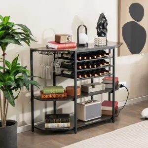 3-Tier Wine Bar Cabinet with Storage Shelves-Gray