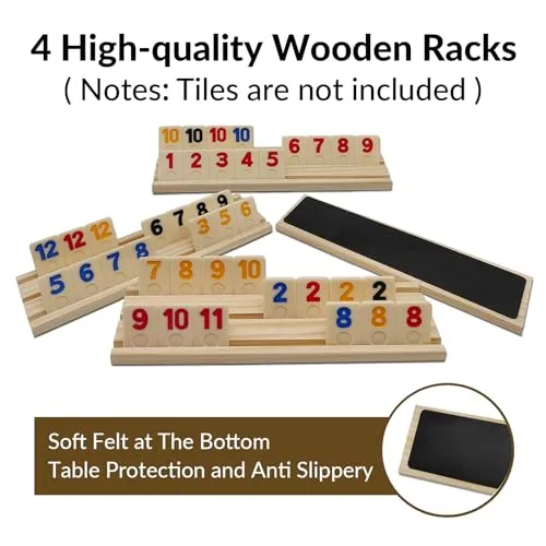 4 Wooden Rummy Trays/Racks Set for Rummikub Game, Rummy Cube Game Holders 4 Wooden Racks for Tiles Game Classic Board Game - Tiles NOT Included