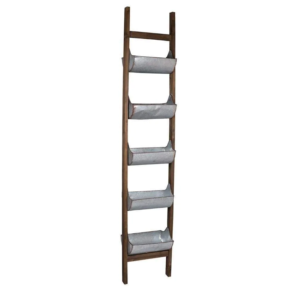 5 Tier Wood and Metal Ladder Planter, Brown and Silver By Casagear Home