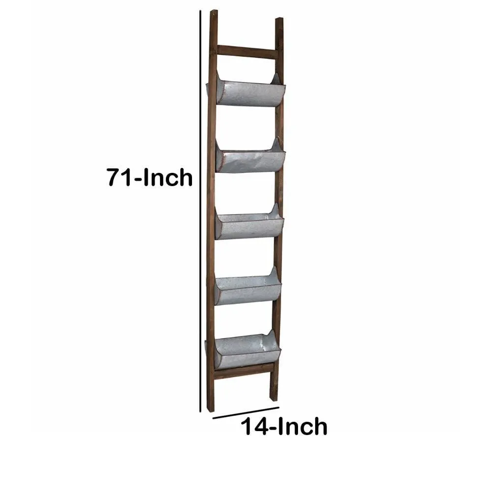 5 Tier Wood and Metal Ladder Planter, Brown and Silver By Casagear Home