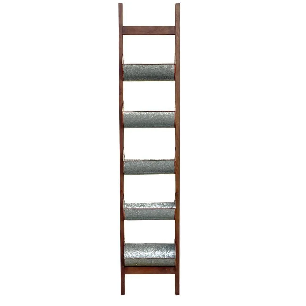 5 Tier Wood and Metal Ladder Planter, Brown and Silver By Casagear Home