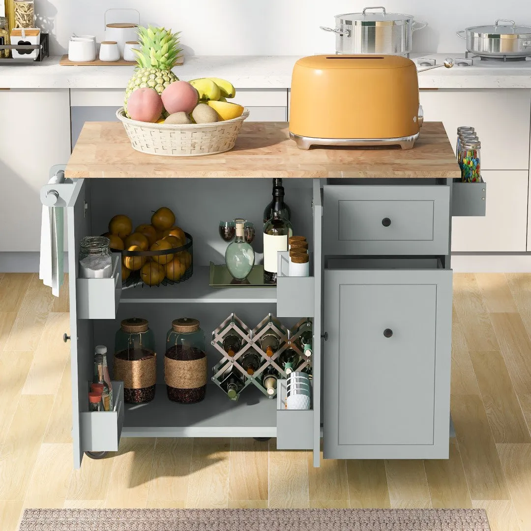 53.9" Grey Blue Rolling Kitchen Island with Drop Leaf and Storage Cabinet