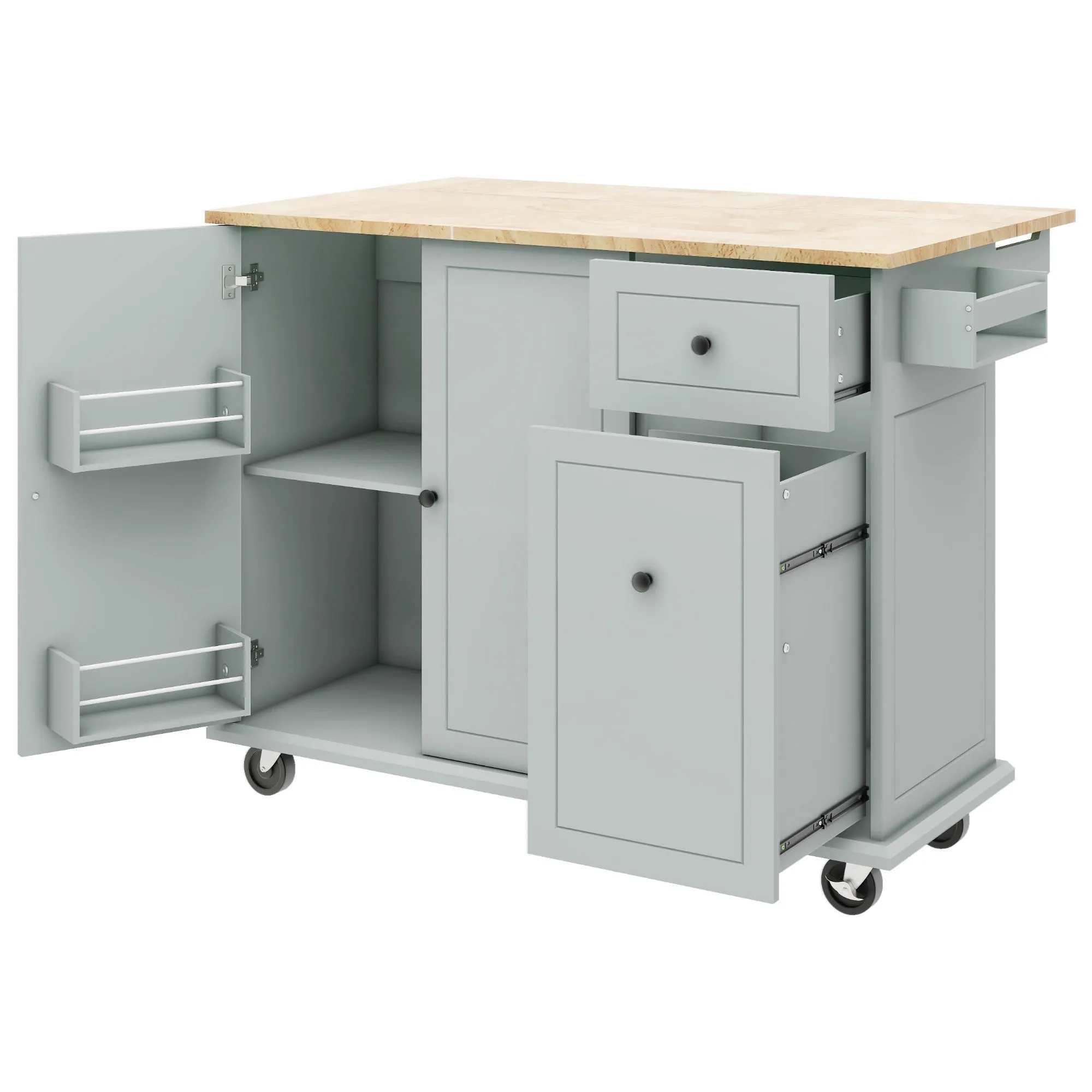 53.9" Grey Blue Rolling Kitchen Island with Drop Leaf and Storage Cabinet