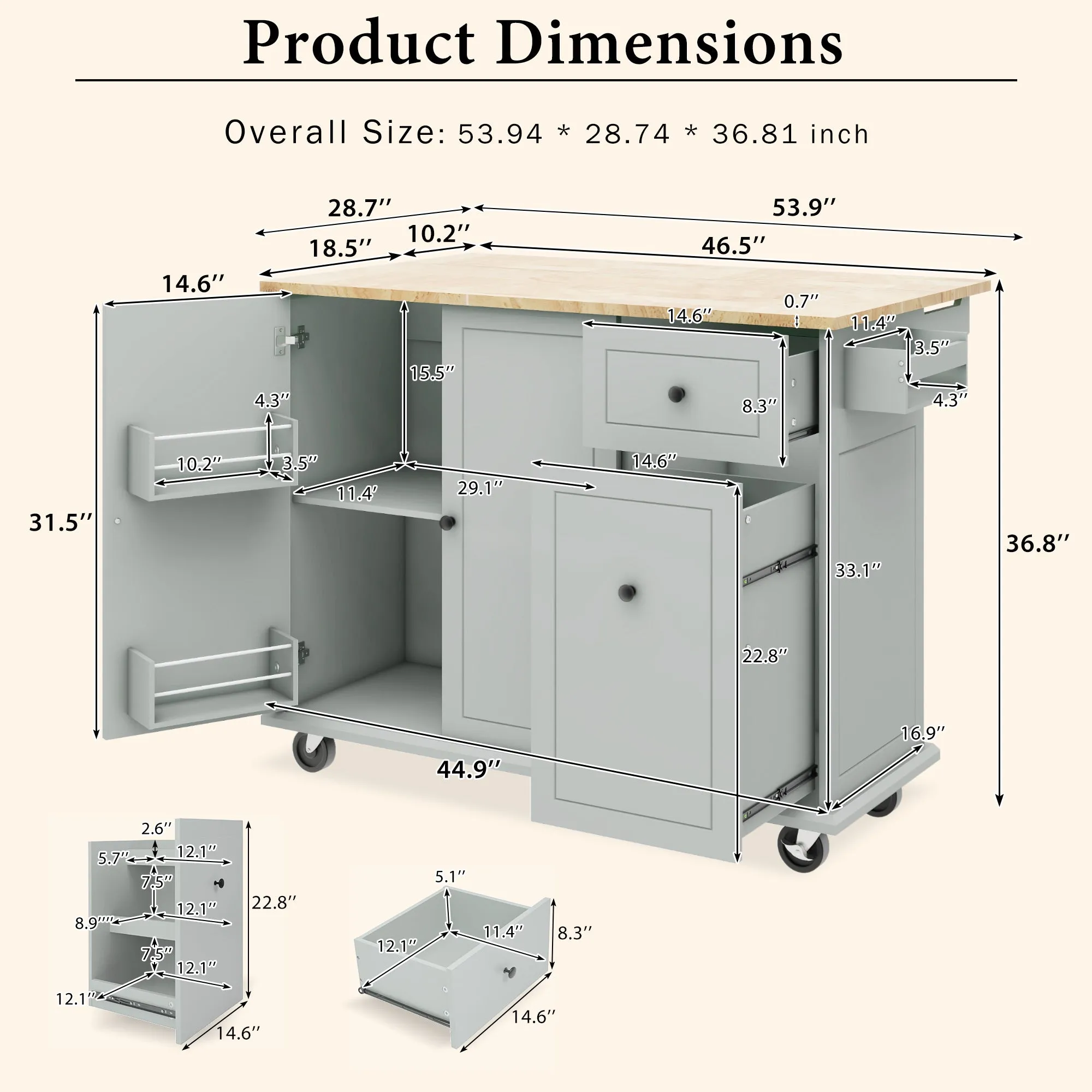 53.9" Grey Blue Rolling Kitchen Island with Drop Leaf and Storage Cabinet