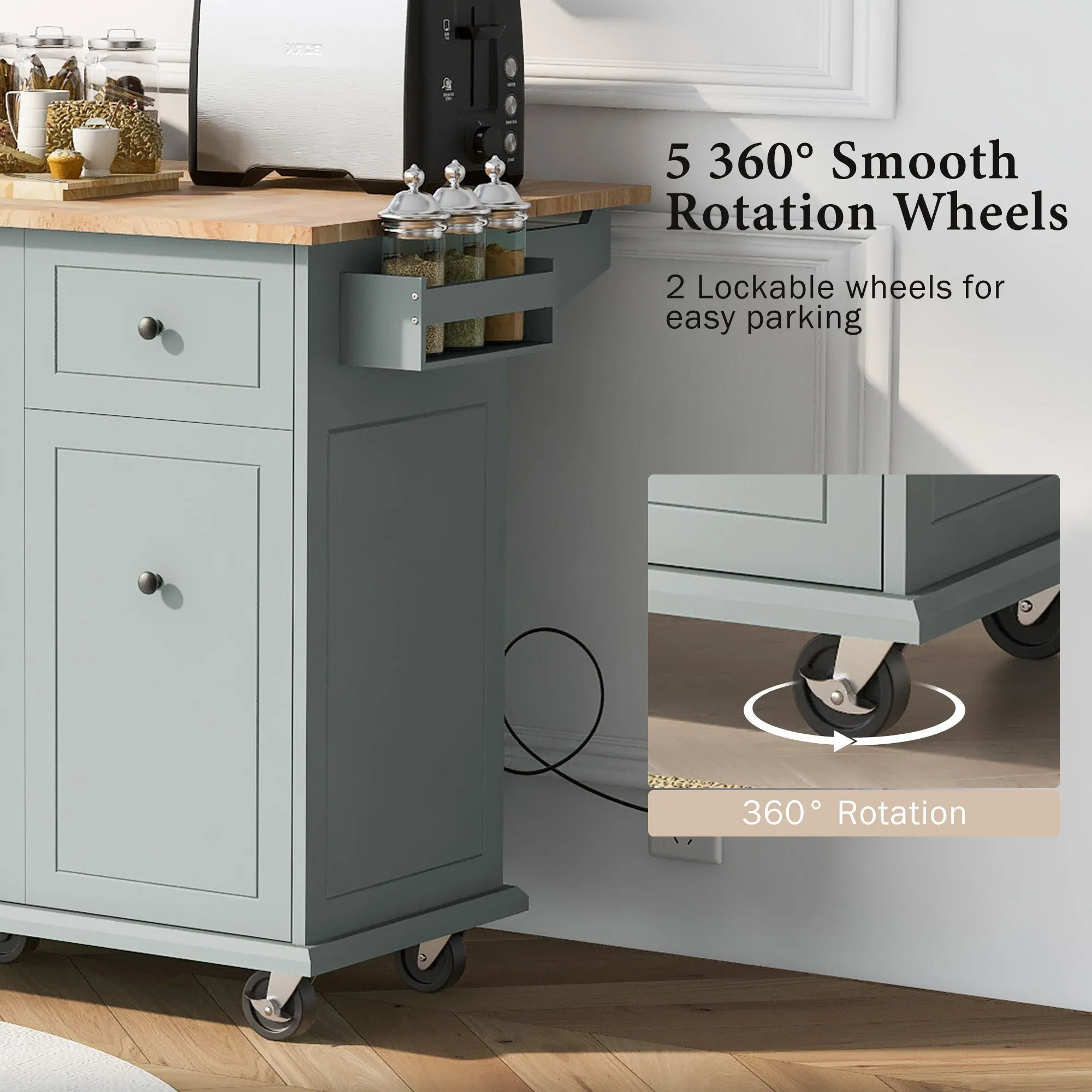 53.9" Grey Blue Rolling Kitchen Island with Drop Leaf and Storage Cabinet