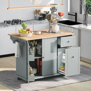 53.9" Grey Blue Rolling Kitchen Island with Drop Leaf and Storage Cabinet