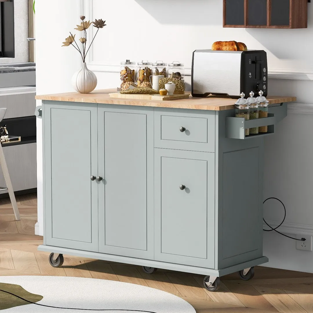 53.9" Grey Blue Rolling Kitchen Island with Drop Leaf and Storage Cabinet