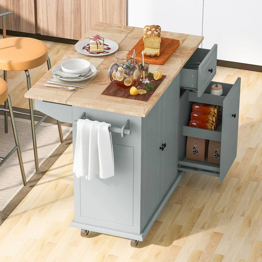 53.9" Grey Blue Rolling Kitchen Island with Drop Leaf and Storage Cabinet