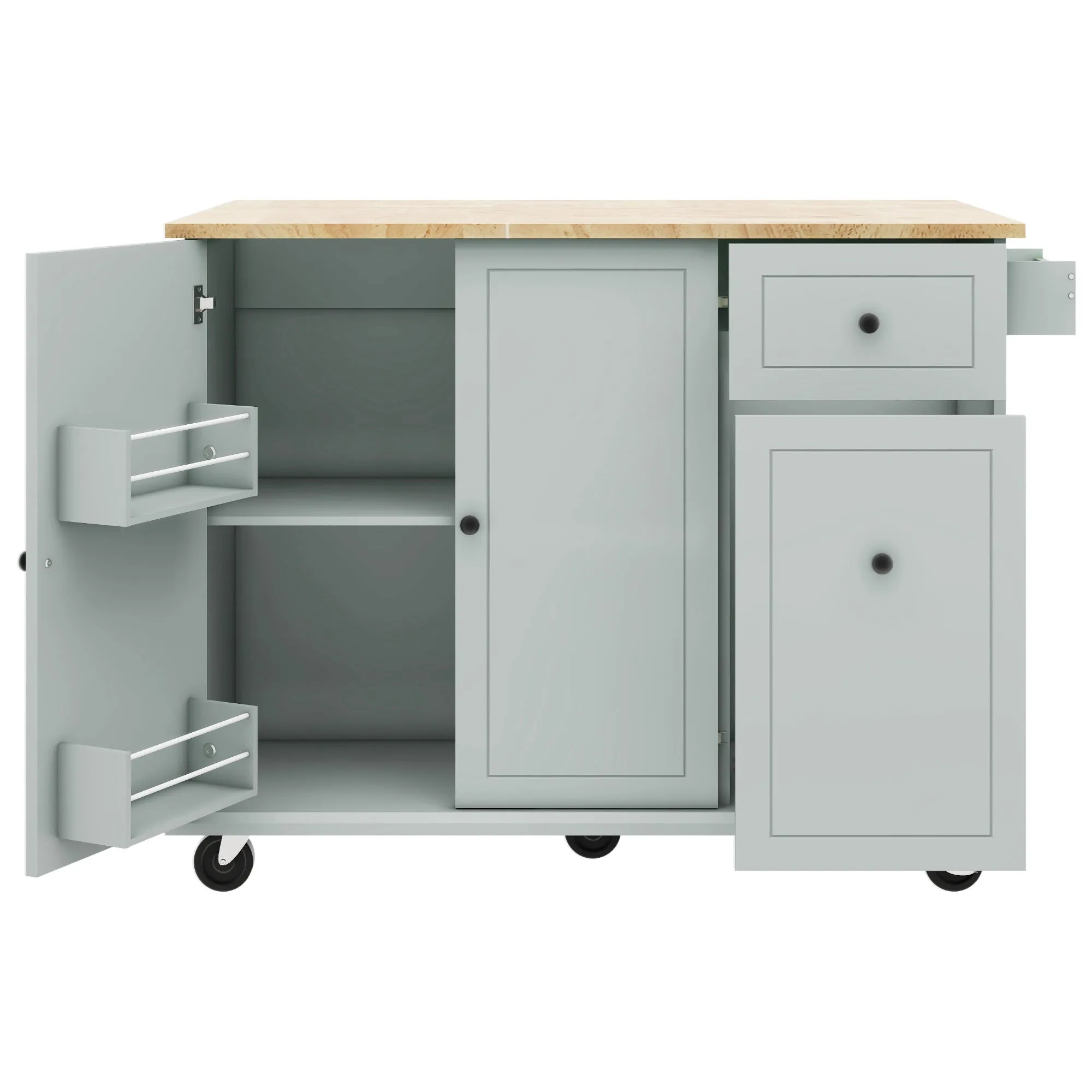 53.9" Grey Blue Rolling Kitchen Island with Drop Leaf and Storage Cabinet