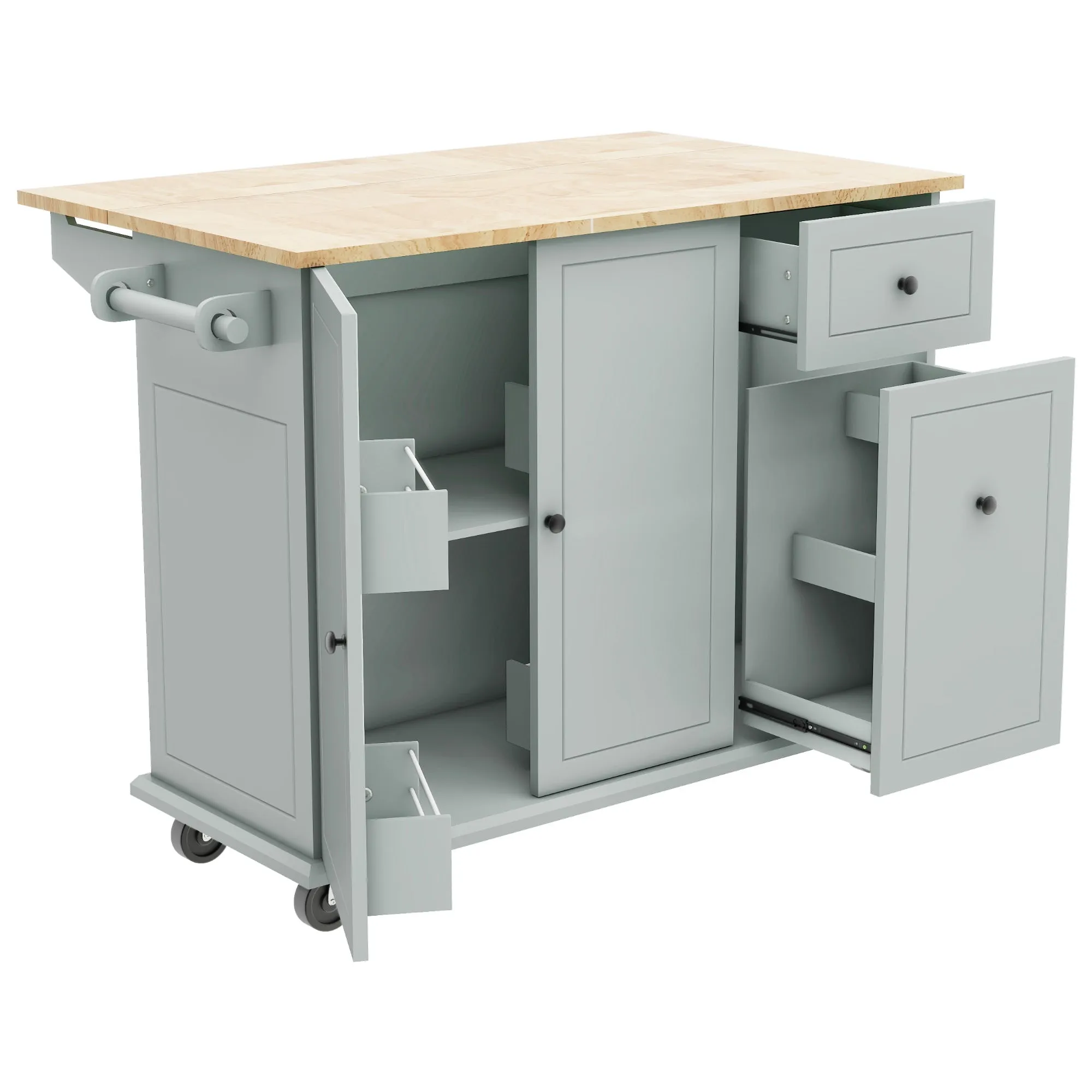 53.9" Grey Blue Rolling Kitchen Island with Drop Leaf and Storage Cabinet