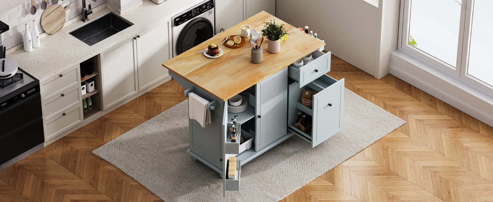 53.9" Grey Blue Rolling Kitchen Island with Drop Leaf and Storage Cabinet