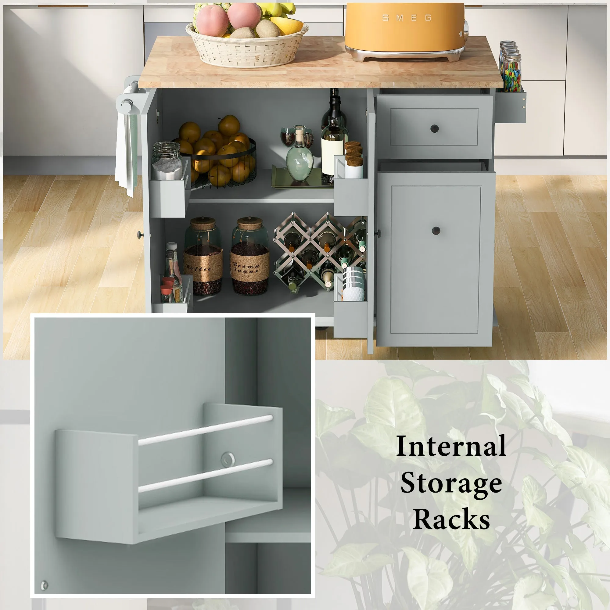 53.9" Grey Blue Rolling Kitchen Island with Drop Leaf and Storage Cabinet