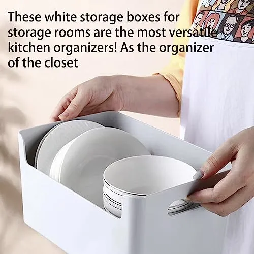 AJbells Stackable Plastic Storage Bins, Pantry Organization and Storage, Freezer Organizer, Food organizer, Open White Storage Boxes for Bedroom Office School Shelves, 2 Pack (9.45”x6.69”x3.94”)