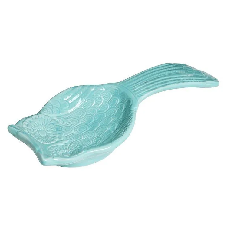 Aqua Blue Ceramic Owl Cooking Spoon Rest / Ladle Holder