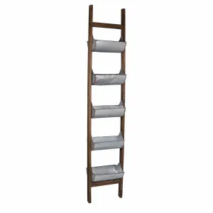 Benzara 5 Tier Wood and Metal Ladder Planter, Brown and Silver