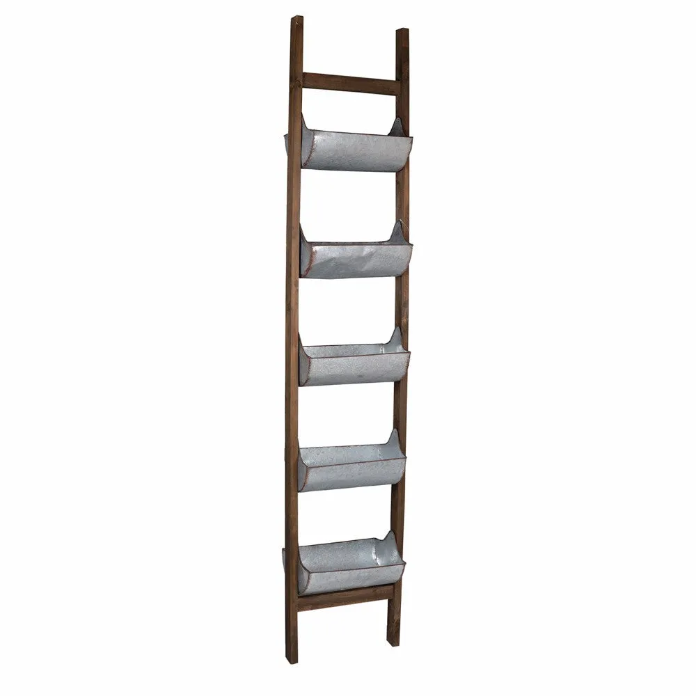 Benzara 5 Tier Wood and Metal Ladder Planter, Brown and Silver