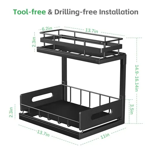 Biboraya 1 Pack 14.9″~16″ H Under Sink Organizers And Storage Height Adjustable,2-Tier Under Cabinet Pull Out Shelf,Multi-Use Slide Out Drawer For Kitchen Bathroom Laundry Room-Black(Patent Pending)