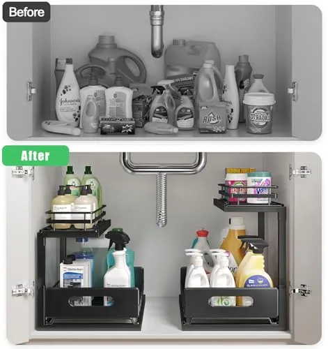 Biboraya 1 Pack 14.9″~16″ H Under Sink Organizers And Storage Height Adjustable,2-Tier Under Cabinet Pull Out Shelf,Multi-Use Slide Out Drawer For Kitchen Bathroom Laundry Room-Black(Patent Pending)