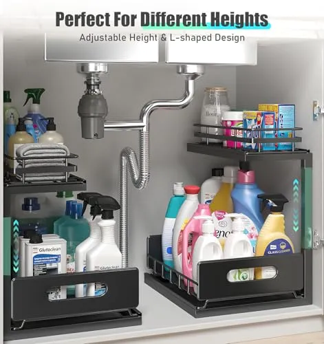 Biboraya 1 Pack 14.9″~16″ H Under Sink Organizers And Storage Height Adjustable,2-Tier Under Cabinet Pull Out Shelf,Multi-Use Slide Out Drawer For Kitchen Bathroom Laundry Room-Black(Patent Pending)