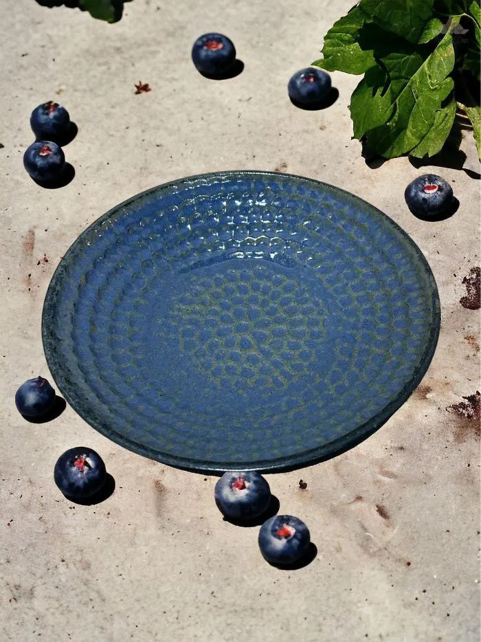 Blue Thumbprint Bowl | Height 5 cm | Diameter 24.5 cm | Hand Painted |  Set of 1 | Ceramic Pottery | Ideal for serving food items