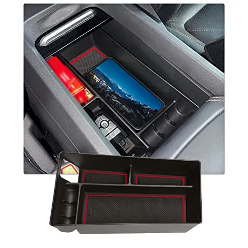 Center Console Organizer Tray for 2021  Mustang Mach-E Armrest Box Organizer Secondary Storage Glove Box for Latest Mustang Interior Accessories with USB Hole and Coin Holder (Red Blue)