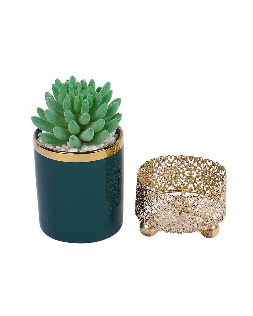 Eclectic Succulents Artificial Plant with Ceramic Pot & Metal stand | 6 inches