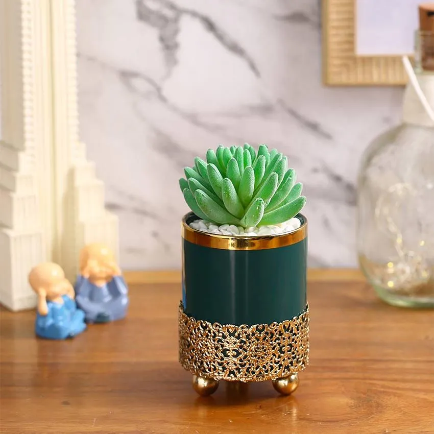 Eclectic Succulents Artificial Plant with Ceramic Pot & Metal stand | 6 inches