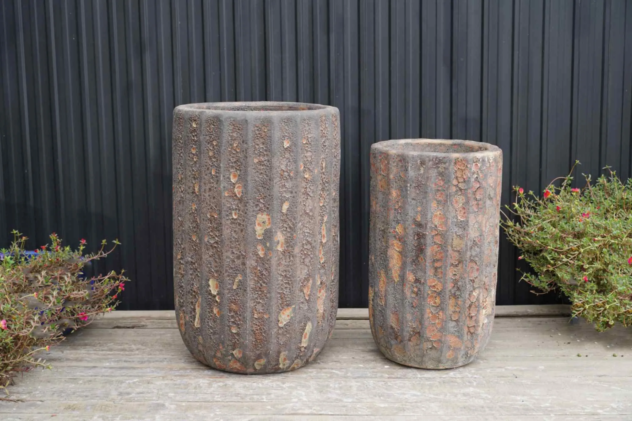 Fluted Tall Ceramic Planters - Earthy Textured Pots for Indoor & Outdoor Use (set of 2)