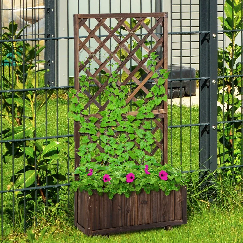 Garden Wooden Pine Trough Planter with Topped Trellis Climbing Plant