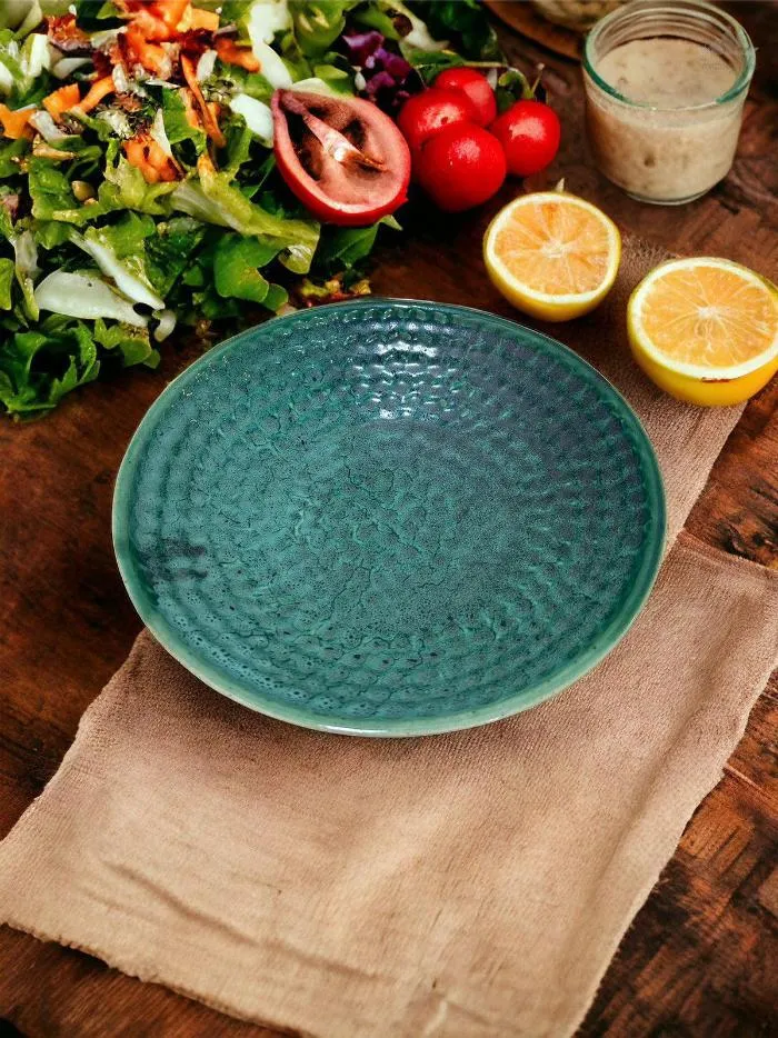 Green Thumbprint Bowl | Height 5 cm | Diameter 24.5 cm | Hand Painted |  Set of 1 | Ceramic Pottery | Ideal for serving food items