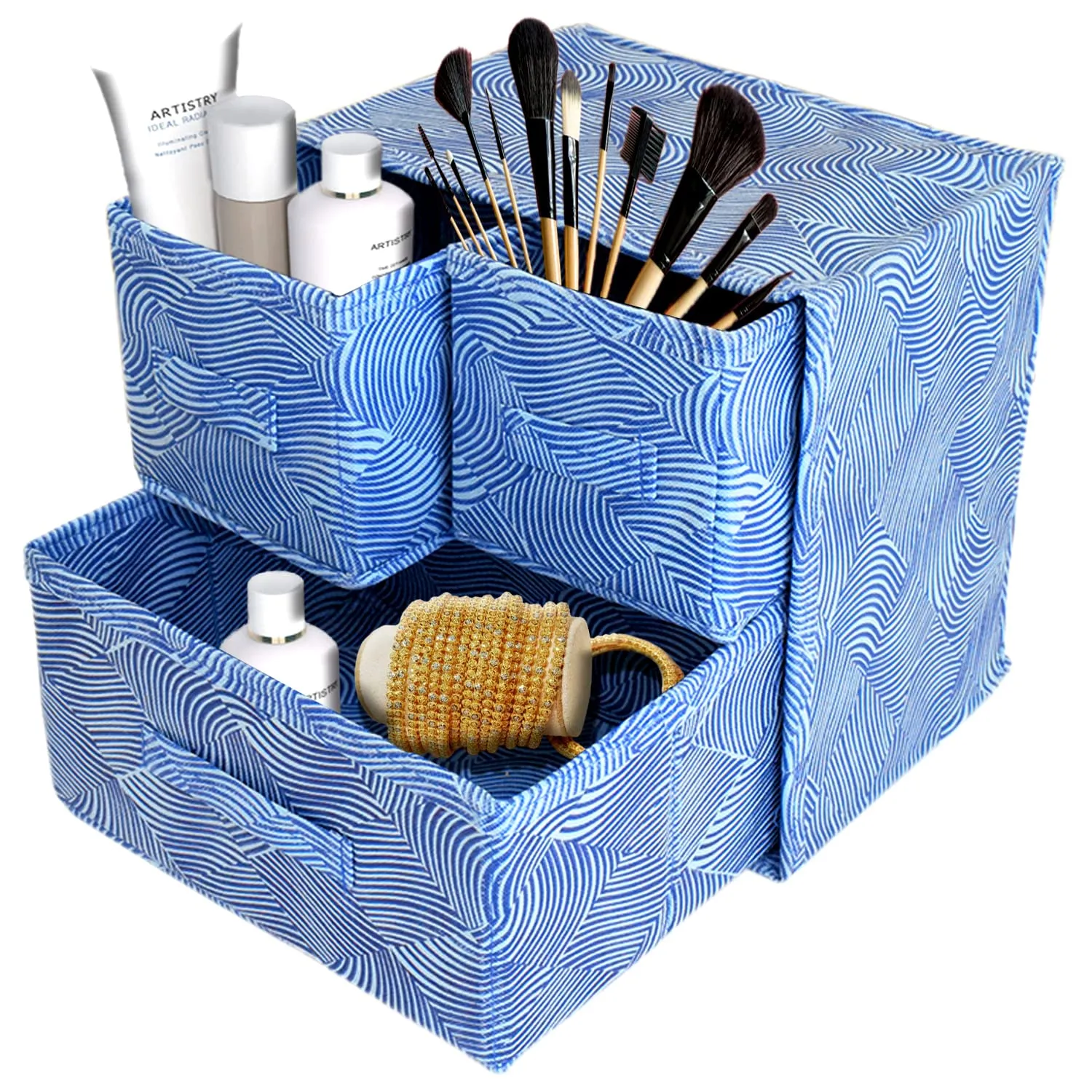 Heart Home Lehariya Printed 3 Drawers Foldable Non-Woven Dressing/Jewllery/Makeup Organizer Box- Pack of 2 (Blue)-HS43HEARTH26842