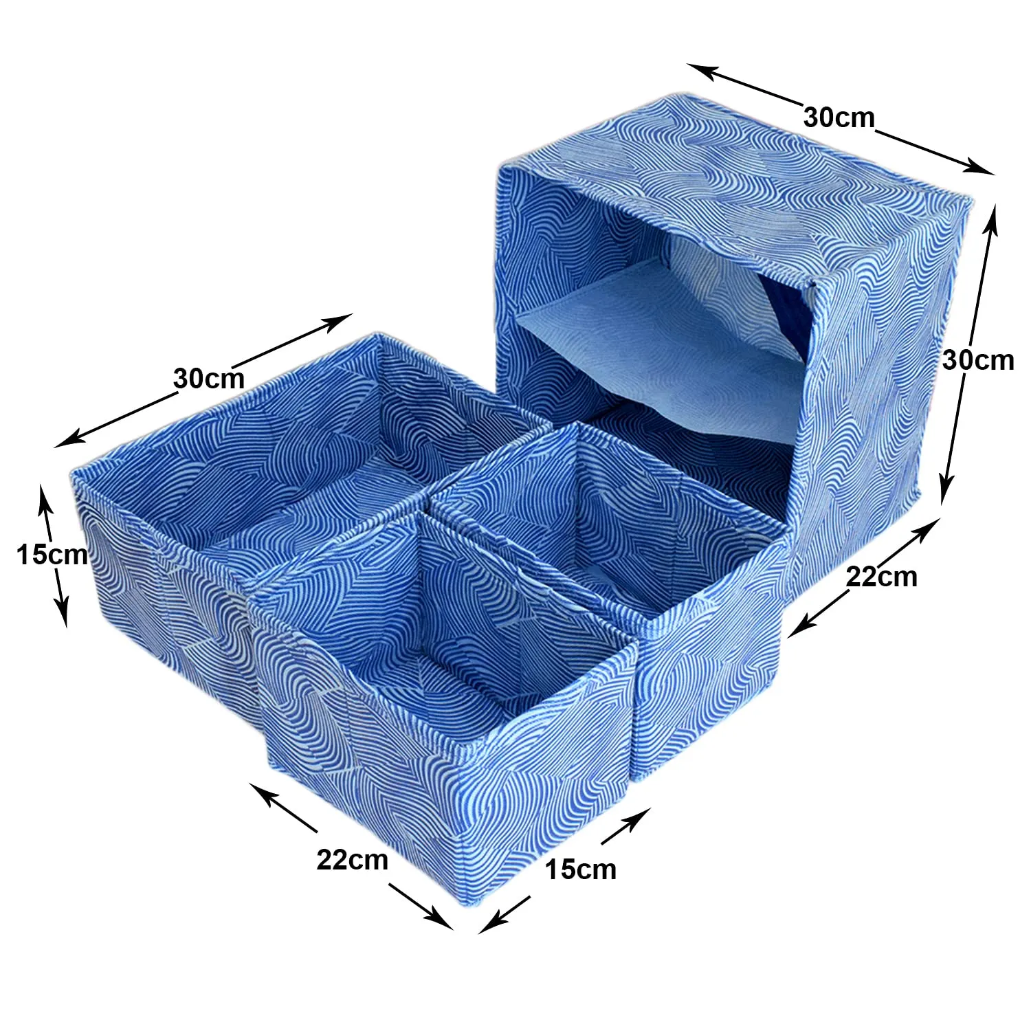 Heart Home Lehariya Printed 3 Drawers Foldable Non-Woven Dressing/Jewllery/Makeup Organizer Box- Pack of 2 (Blue)-HS43HEARTH26842