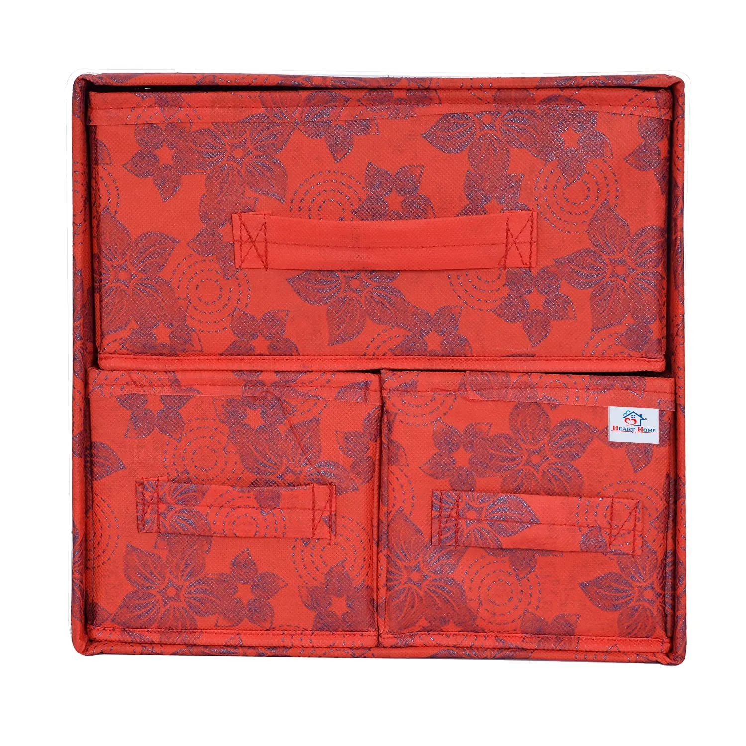 Heart Home Metallic Flower Printed 3 Drawers Foldable Non-Woven Dressing/Jewllery/Makeup Organizer Box- Pack of 2 (Red)-HS43HEARTH26850