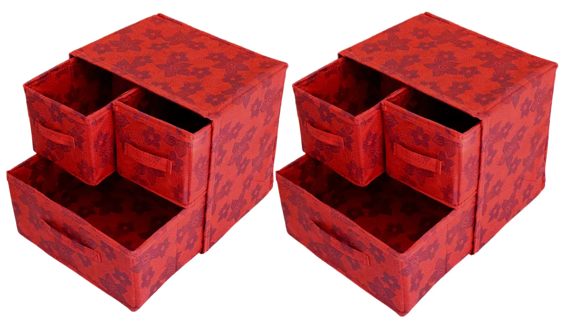 Heart Home Metallic Flower Printed 3 Drawers Foldable Non-Woven Dressing/Jewllery/Makeup Organizer Box- Pack of 2 (Red)-HS43HEARTH26850