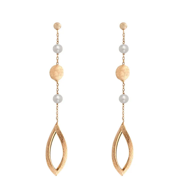 Italian gold freshwater pearl, gold bead and open leaf station earrings