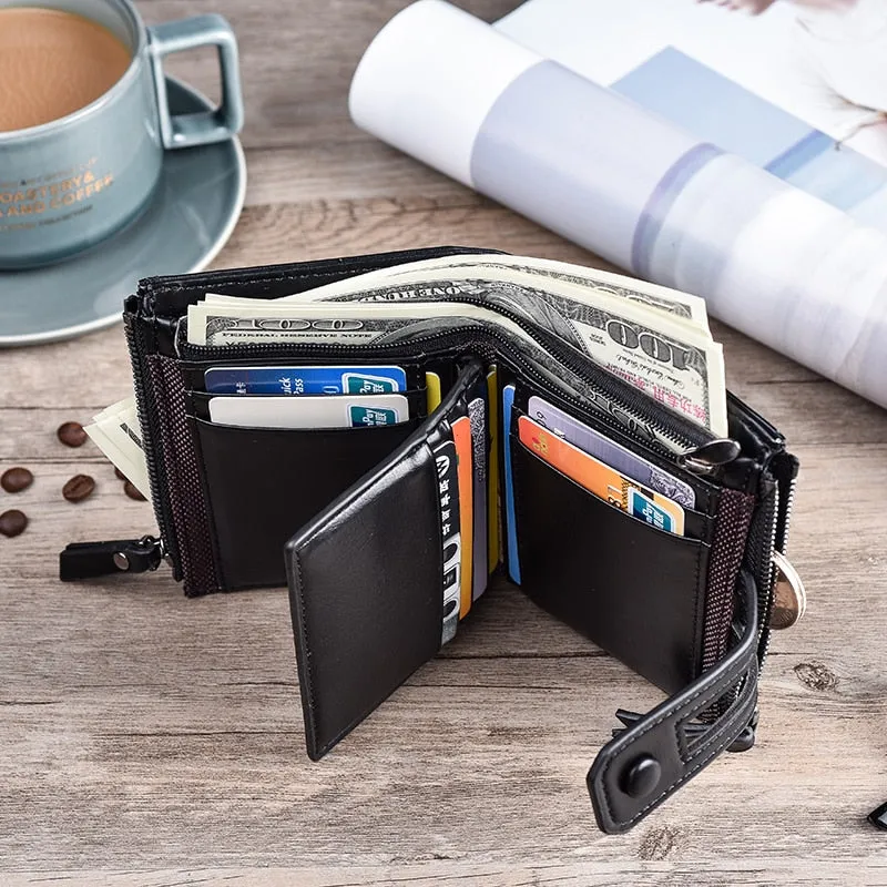 Men's Double Zipper & Snap Design Wallet