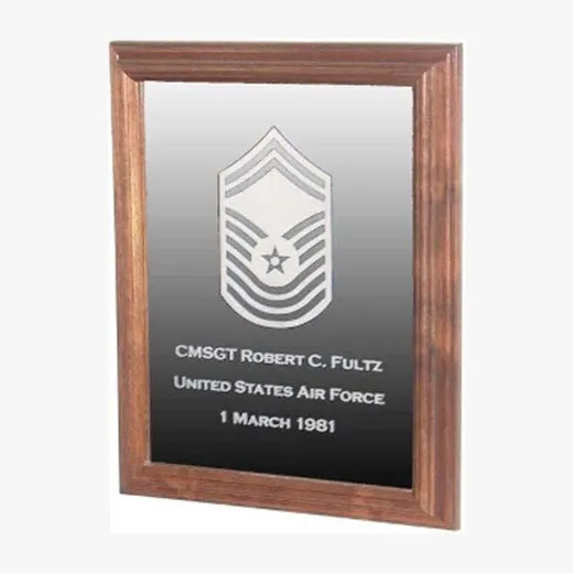 Military Laser Engraved Rank Insignia Mirror Frame - Oak Material.