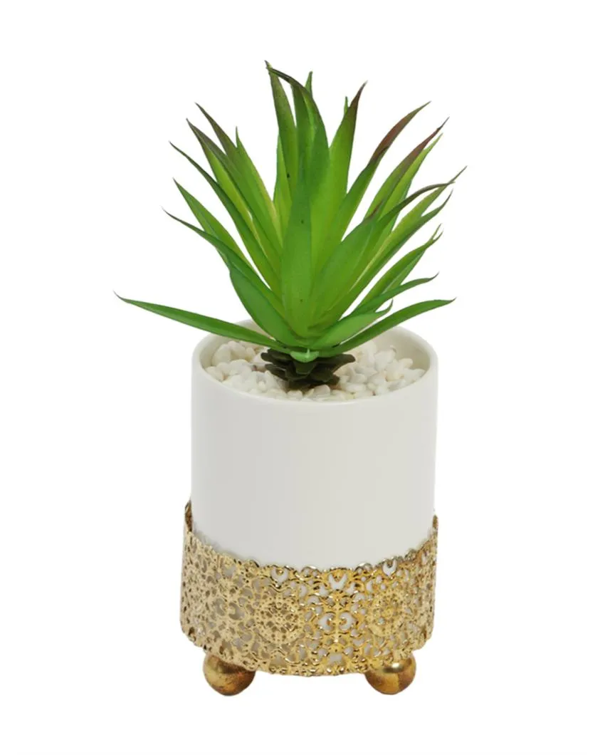 Quaint Succulents Artificial Plant with Ceramic Pot & Metal stand | 8 inches