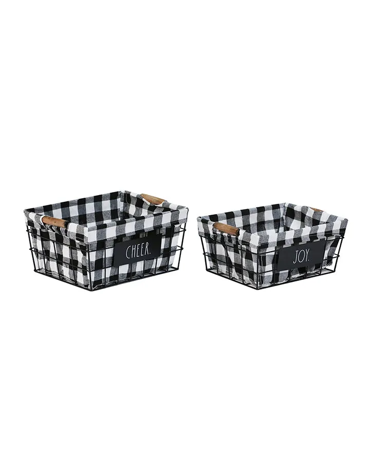 Rae Dunn "Cheer" Set 2 Black-White Checkered Metal Basket