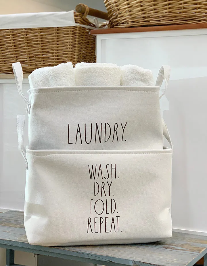 Rae Dunn "Laundry " Set of 2 White Fabric Cube Bins