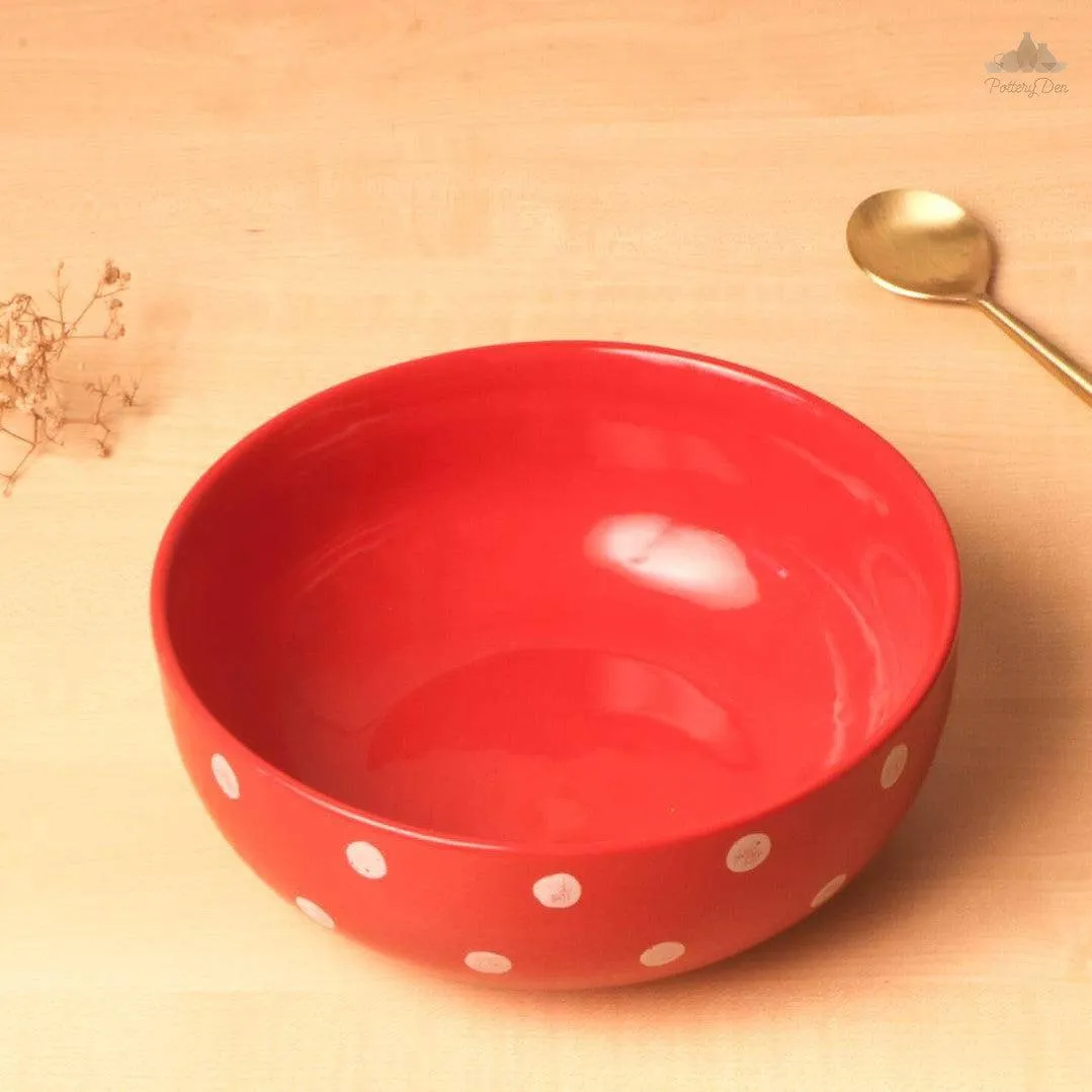 Red Polka Dots Serving Bowl| Height 7.5 cm | Diameter 19 cm | Hand Painted |  Set of 1 | Ceramic Pottery | Ideal for serving food items