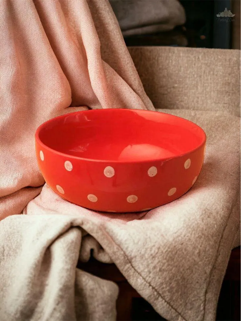 Red Polka Dots Serving Bowl| Height 7.5 cm | Diameter 19 cm | Hand Painted |  Set of 1 | Ceramic Pottery | Ideal for serving food items