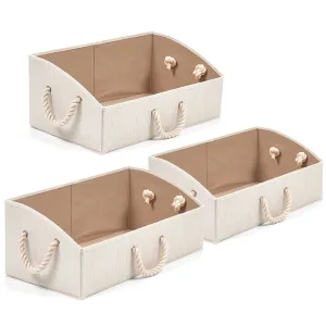 Set of 3 Large Storage Bins EZOWare Foldable Fabric Trapezoid Organizer Boxes with Cotton Rope Handle, Collapsible Basket for Shelves, Closet, Baby Toys, Diaper (Beige)