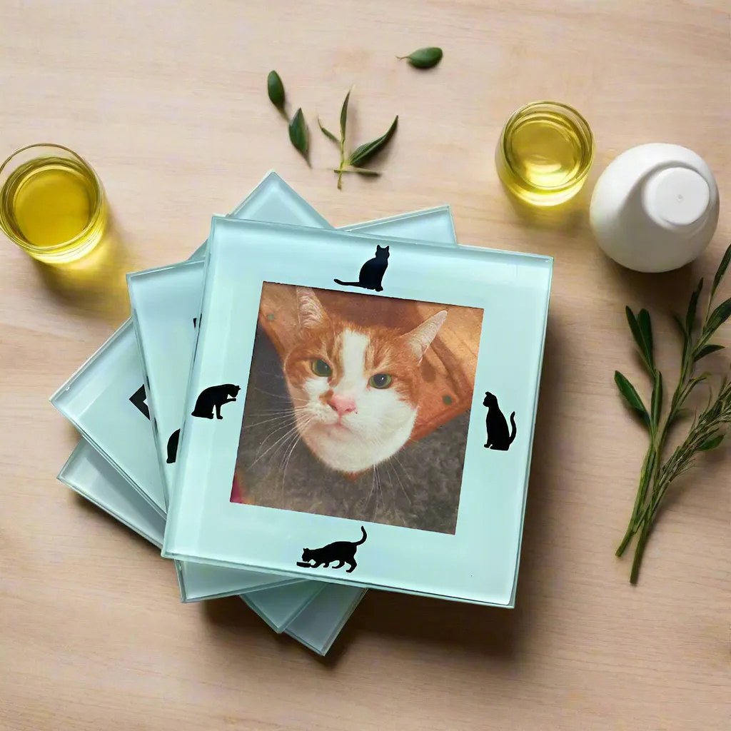 Set of 4 Glass Black Cat Photo Frame Coasters