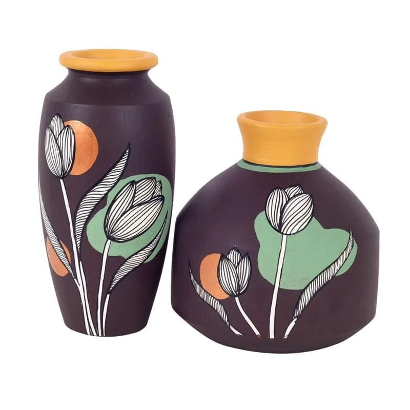 Shula Bloom Tribal Terracotta Vase - Set Of Two