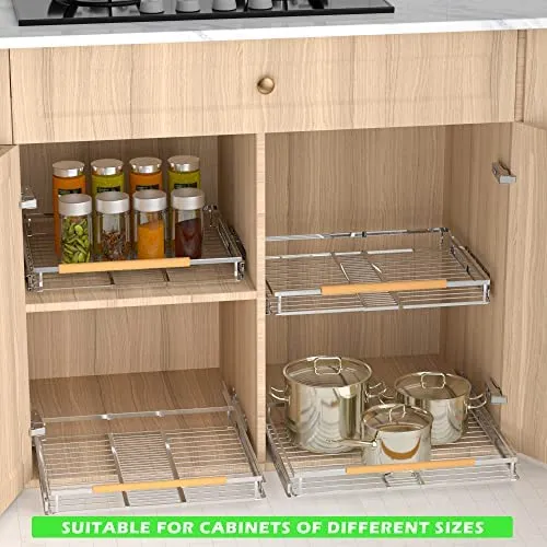 SOFRON Expandable Pull Out Drawer Cabinet Organizers, Heavy Duty Slide Out Storage Shelf for Home Kitchen Pantry Cupboard Pots Pans, Adjustable Width from 17.2"~28.1", Stainless Steel 1 Pack